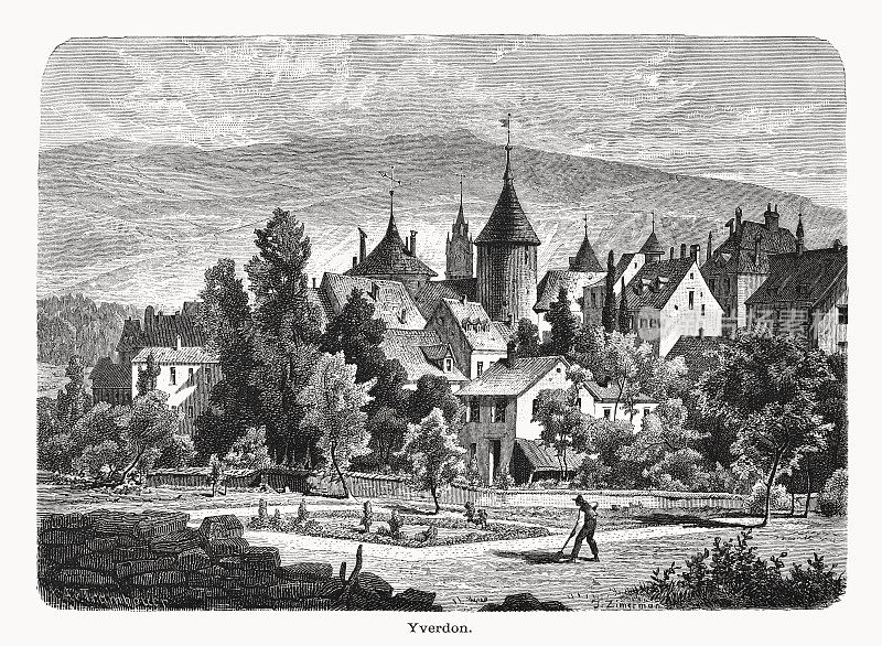 yverden -les- bains, Vaud Canton，瑞士，木版雕刻，出版于1877年